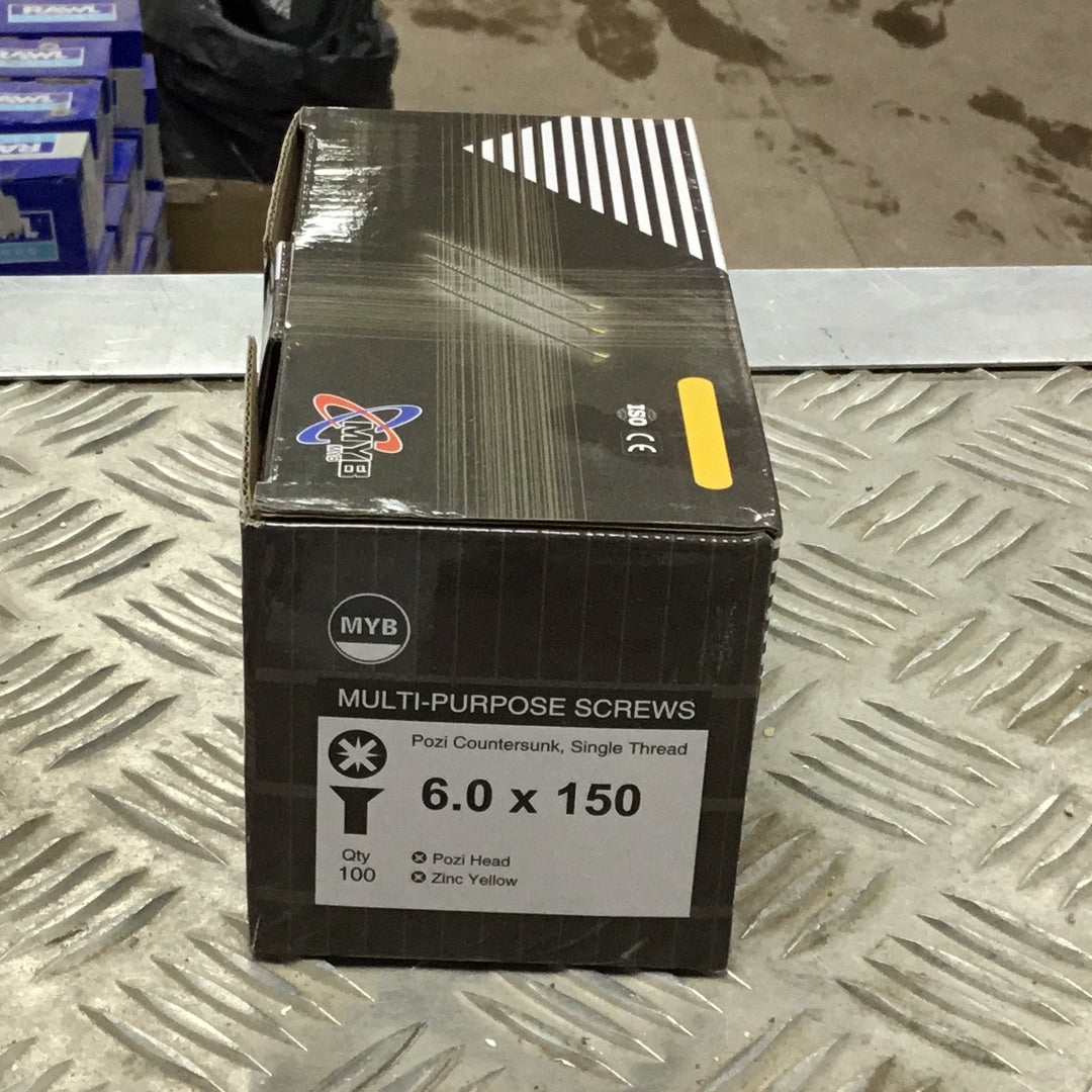 6.0 x 150 Multi Purpose Screw, Pozi Countersunk, Single Thread QTY - 100