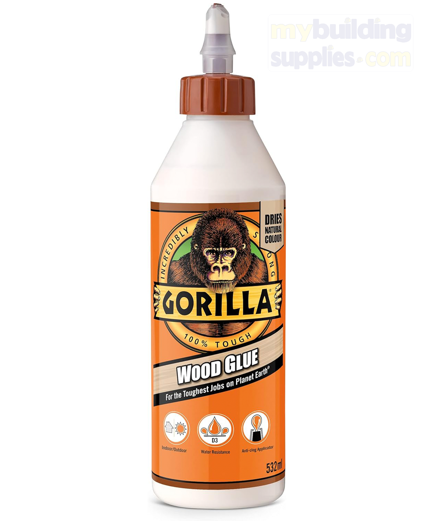 Gorilla Wood Glue, 532ml. For a strong, fast bond across a variety of wood surfaces, Gorilla Wood Glue is the hard-working, water resistant formula, perfect for indoor and outdoor use. It dries a natural wood colour so you’re guaranteed a clean-looking bond line for your projects.