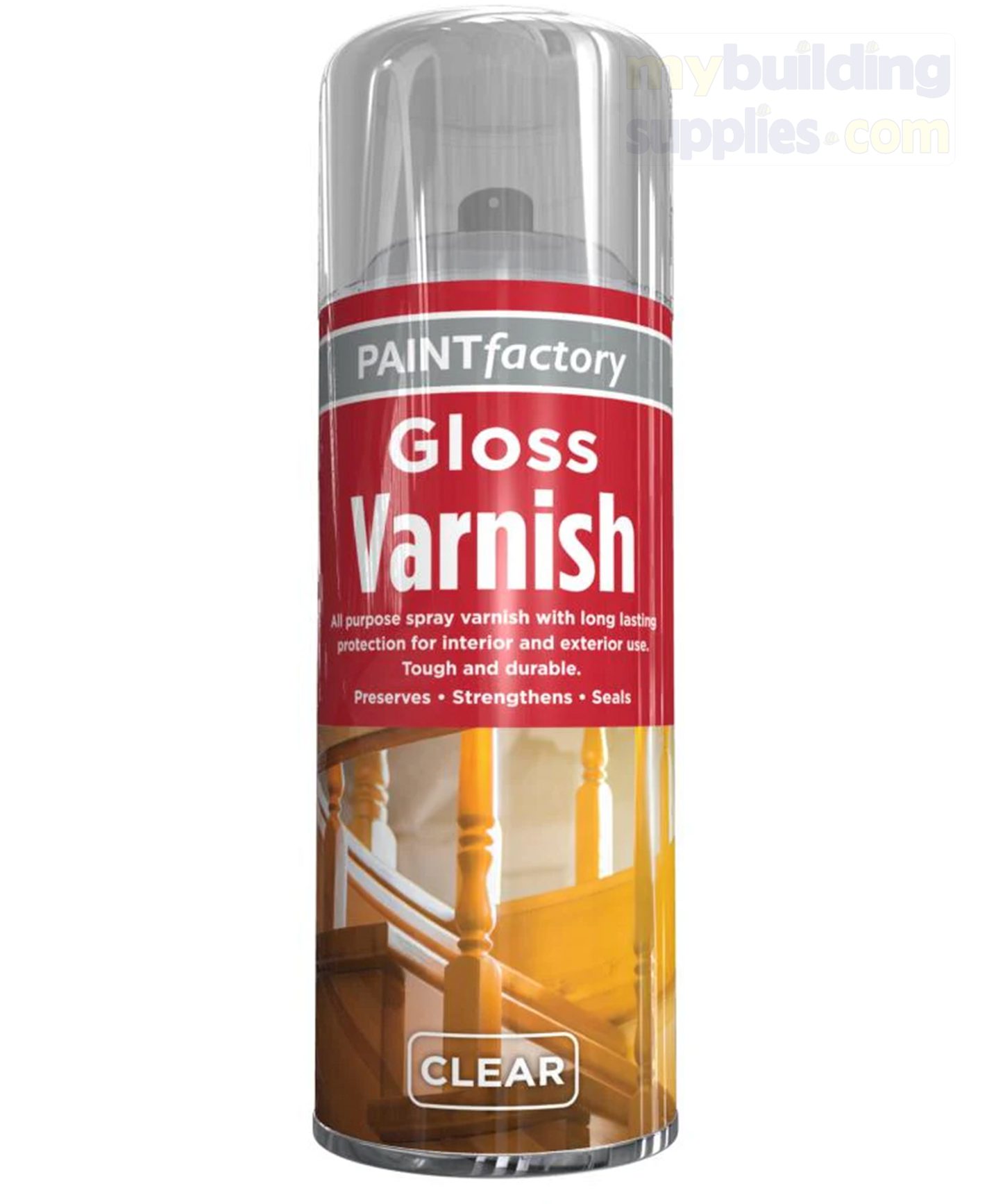 Paint Factory Gloss Varnish Spray Clear is quick drying with a bright finish, suitable for interior and exterior application. Provides excellent coverage and adhesion with no CFC. Volume: 400ml Colour: Clear Type: Varnish Spray Finish: Gloss SKU: 1749PR Barcode: 5055319517492