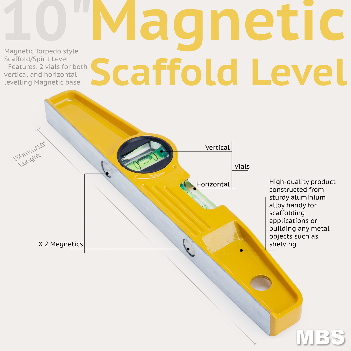 10" Magnetic Torpedo Scaffold Spirit Level 2 Vials