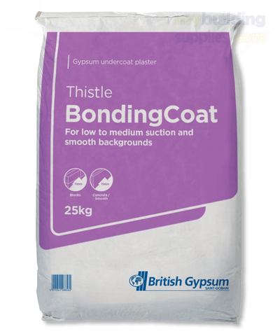 Thistle Bonding Coat is an undercoat plaster providing an ideal basecoat, preparing walls for skim finishing. Ideal for use on smooth, lower suction backgrounds such as concrete, plasterboard & tiling. 1 Coverage: 2.75m² Usage: Internal Colour: Pink Standard: EN13279-1:2008 Product code: 4648 Barcode: 5015341060700.