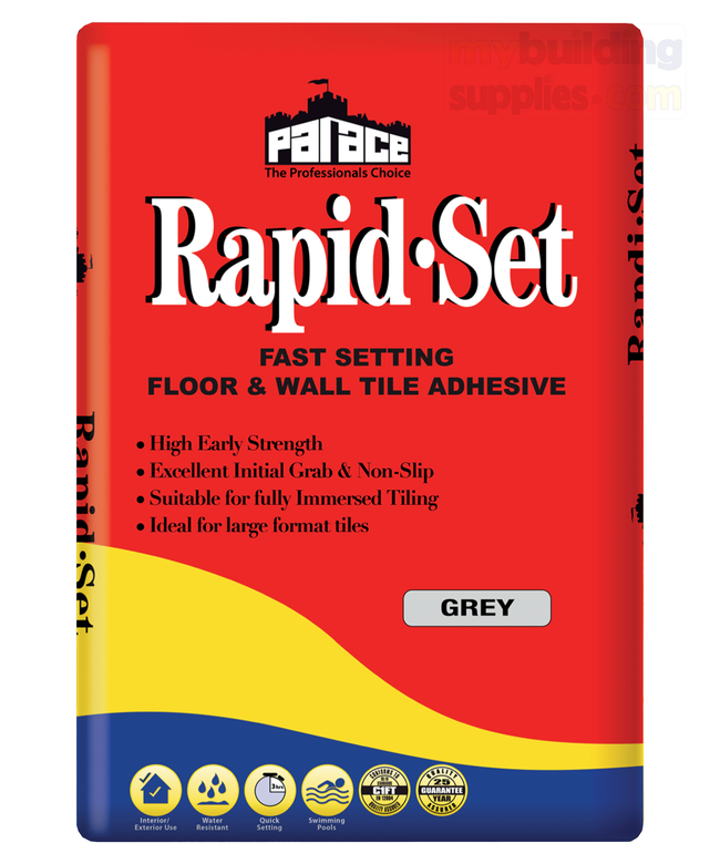 RAPID SET is recommended for fixing ceramic & stone tiles to solid masonry based surfaces such as concrete, render, floor screeds, block-work and brickwork. Tiles fixed with RAPID SET can be grouted 3 hours later as it cures to a fully water-resistant; frost resistant bond suitable for interior / exterior use and locations which are frequently wet.