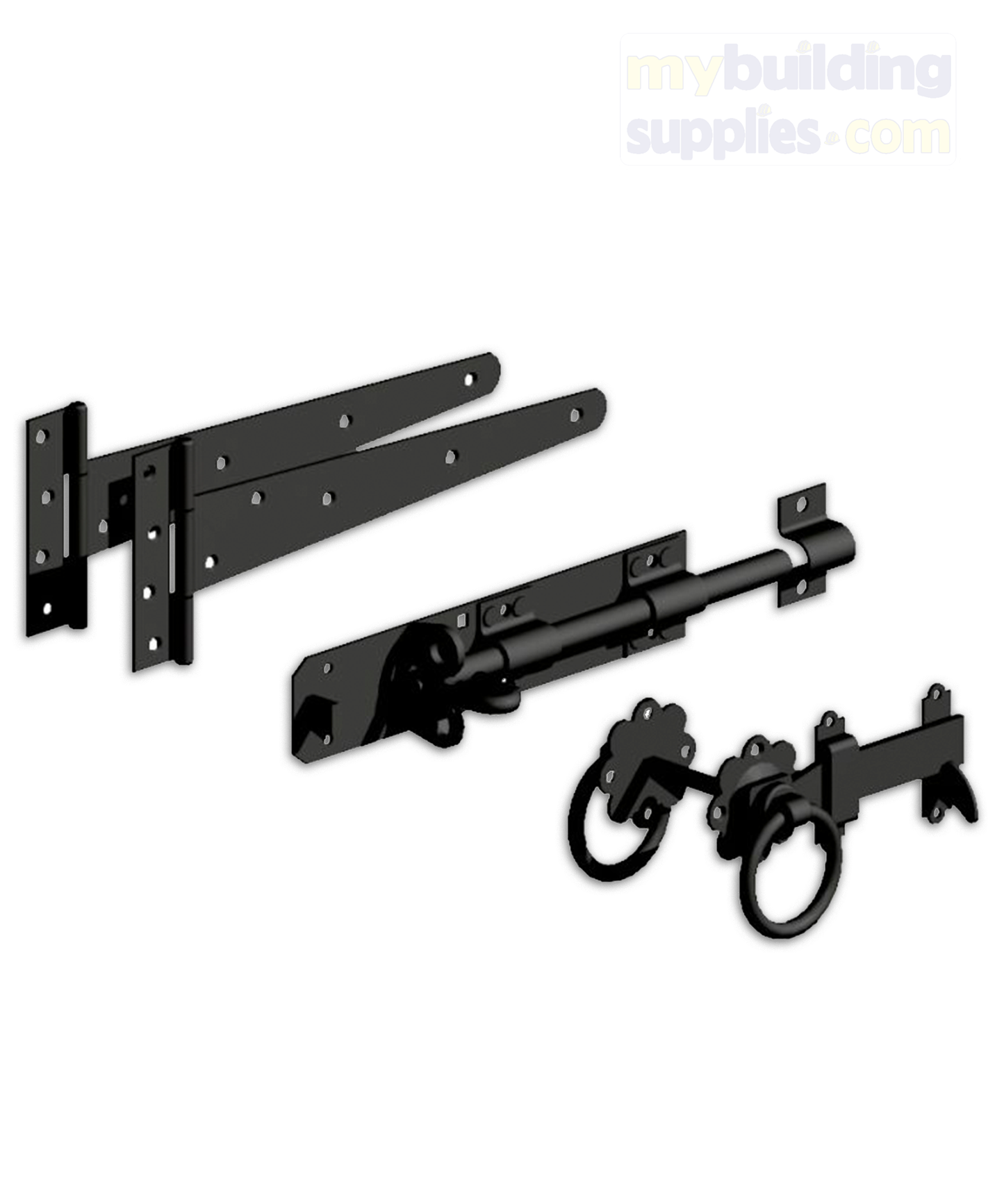 Gatemate Side Gate Kit: Tee Hinge, Bolt & Ring Latch Black
