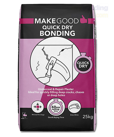 Make Good Quick dry Bonding plaster, 25kg Bag. Ideal for use on low suction backgrounds with little mechanical key such as. concrete, dense aggregate concrete blocks or metal lathing. This product dries white making it possible to carefully smooth it off/polish it to a finish that doesn’t require any skim or filler over the top.